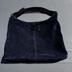 Kate Spade hobo shoulder bag Suede Blue Navy Tassel Gold tone Hardware Purse
